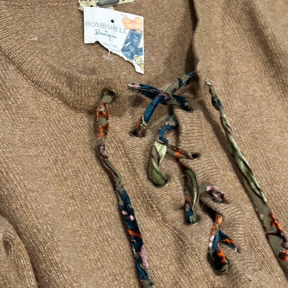 Gimmick Lace-Up Tan Sweater - Picture 12 of 13